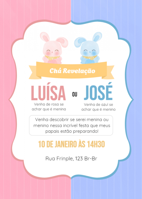 Convite Coelhinhos, rosa, azul