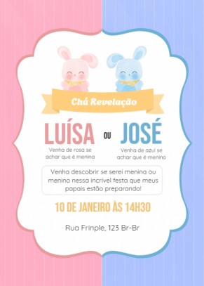 Convite Coelhinhos, rosa, azul
