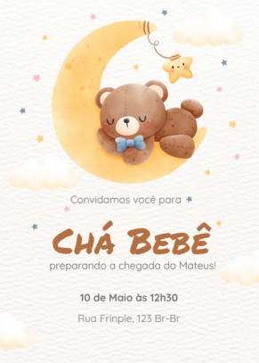  Convite Chá bebê, ursinho deitado na lua