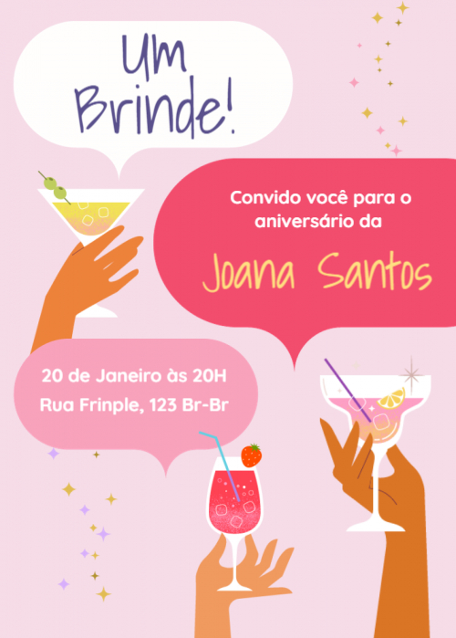  Convite Fundo rosa, balões com texto