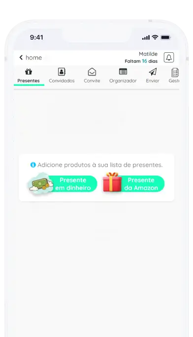 Captura de tela do aplicativo Frinple aprensentado a criação da lista de presentes