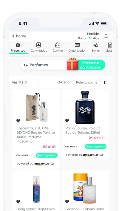 Captura de tela do aplicativo Frinple apresentando como adicionar presentes fisicos