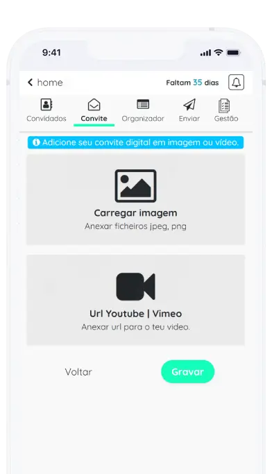 Captura de tela do aplicativo Frinple apresentado opções de importação do convite