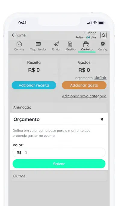 Captura de tela do aplicativo Frinple de como adicionar orçamento