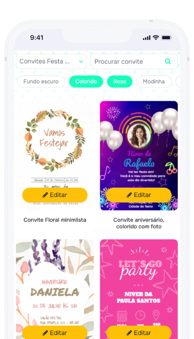 Captura de tela do aplicativo frinple listando modelos de convites