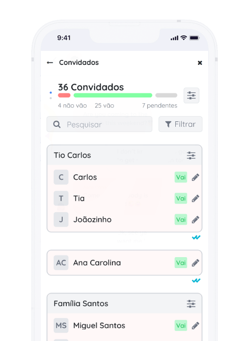 Captura de tela do aplicativo Frinple aprensetando a gestão de convidados
